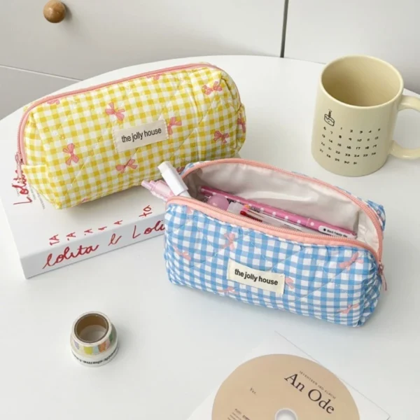 Korean Style Checkered Bow Pencil Case